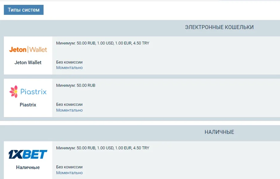 платежные методы 1xbet