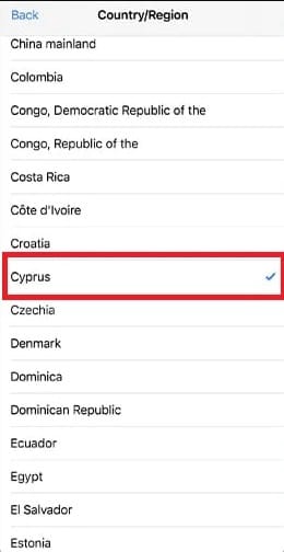Выбор страны Кипр в настройках Айфона для установки 1xBet